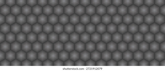 Banner horizontal largo abstrato cinza escuro com grade de fibra de carbono hexágono e linhas luminosas laranja. Fundo de vetor de tecnologia com linhas de neon laranja

