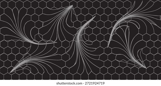 Banner horizontal largo abstrato cinza escuro com grade de fibra de carbono hexágono e linhas luminosas laranja. Fundo de vetor de tecnologia com linhas de neon laranja

