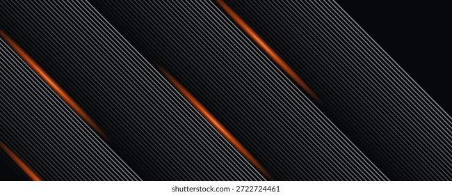 banner horizontal largo abstrato cinza escuro com grade de fibra de carbono hexágono e fundo de vetor de tecnologia de linhas luminosas laranja com linhas de neon laranja. vetor