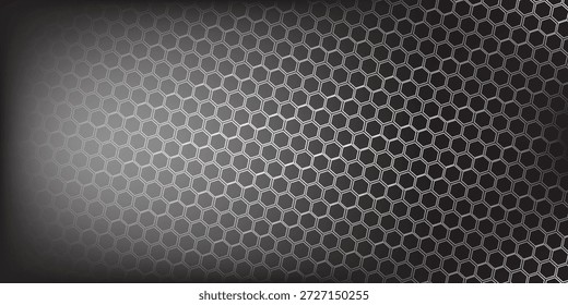 Banner horizontal largo abstrato cinza escuro com grade de fibra de carbono hexágono e linhas luminosas laranja. Fundo de vetor de tecnologia com linhas de neon laranja	