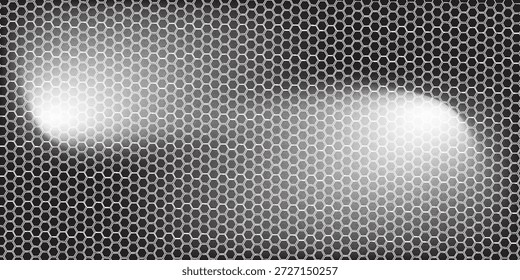 Banner horizontal largo abstrato cinza escuro com grade de fibra de carbono hexágono e linhas luminosas laranja. Fundo de vetor de tecnologia com linhas de neon laranja	