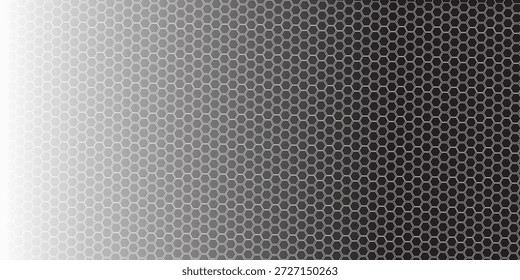 Banner horizontal largo abstrato cinza escuro com grade de fibra de carbono hexágono e linhas luminosas laranja. Fundo de vetor de tecnologia com linhas de neon laranja	