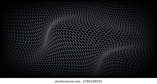 Dark grey abstract wide horizontal banner with hexagon carbon fiber grid and orange luminous lines. Technology vector background with orange neon lines