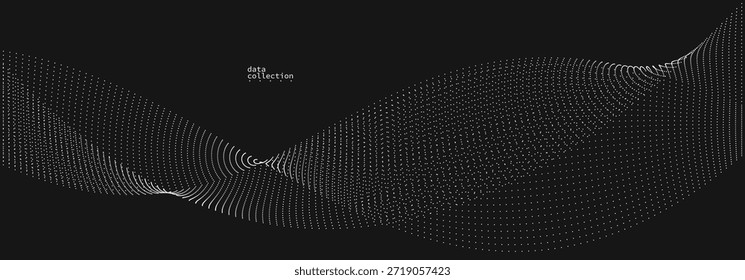 Dunkelgraue luftige Partikel fließen Vektordesign, abstrakter Hintergrund mit Welle von fließenden Punkten Array, digitale futuristische Illustration, Nano-Technologie Thema.