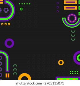 A dark grey background features vibrant green orange and purple geometric shapes in the corners The design includes circles squares lines rings and subtle dotted patterns