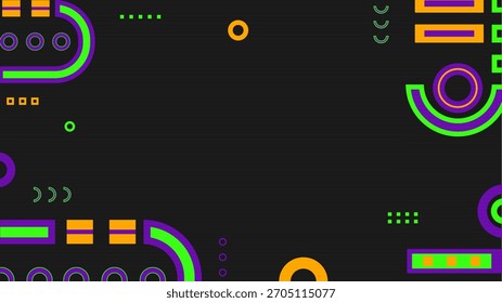 Un fondo gris oscuro presenta vibrantes Formas geométricas de color verde naranja y púrpura en las esquinas. El diseño incluye círculos cuadrados, líneas, anillos y sutiles patrones punteados