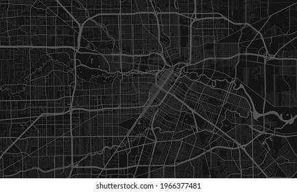 Dark grey and black Houston city area vector background map, streets and water cartography illustration. Widescreen proportion, digital flat design streetmap.