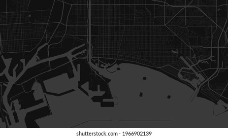 Dunkelgraue und schwarze Long Beach Stadtteil, Vektorhintergrund, Straßen und Aquakulturgrafik. Breiter Proportionalitätsgrad, digitale flache Straßenkarte.