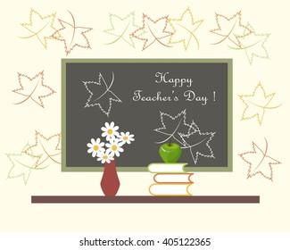 Dark grey blackboard with white lettering Happy Teachers Day, red vase with white flowers, green Apple on books. Light pink background with outlines of maple leaves, vector
