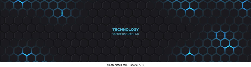 Dark grey and blue horizontal hexagonal technology abstract vector background. Blue bright energy flashes under hexagon in futuristic modern technology wide banner. Dark grey honeycomb texture grid.