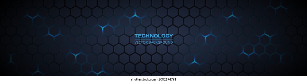 Dunkelgrauer und blauer horizontaler sechseckiger Technologie, abstrakter Vektorhintergrund. Blaue, helle Energie blitzt unter Hexagon in futuristischen modernen Technologie breiten Banner. Dunkelgraues Wabengefüge.