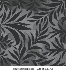 Dark grey botanical leaves decoration isolated on textured grungy square grey background for social media template cover, paper and scarf textile print, poster, brochure, and backdrop.