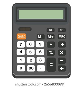 Calculadora gris oscuro con almohadilla numérica completa y Botón ON naranja.
