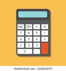 Dark grey calculator icon with long shadow on orange background. Flat design. Vector Illustration.