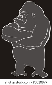 A dark grey cartoon gorilla outlined in light grey, isolated on black background - animal vector illustration