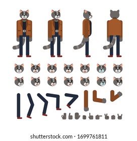 Dark grey cat character in brown jacket and dark pants creation set. Create your own pose, action, animation. Flat design vector illustration