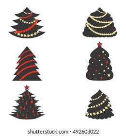 Dark Grey  Christmas Trees with Color Garlands in Flat Style. Vector EPS 10