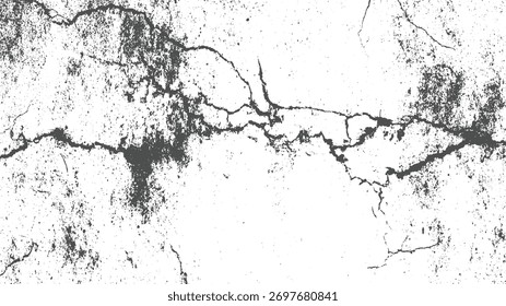 Dark grey cracks and speckles create a distressed texture on a white background.