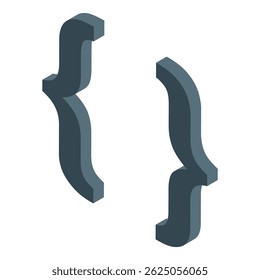 Dark grey curly brackets symbol rendered in isometric perspective, representing programming code and software development