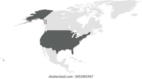 Mapa político en blanco detallado en gris oscuro de los Estados Unidos sobre fondo transparente usando proyección cilíndrica del continente norteamericano gris claro