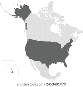 Mapa político en blanco detallado en gris oscuro de los Estados Unidos con fronteras estatales negras sobre fondo transparente usando proyección ortográfica del gris claro del continente norteamericano