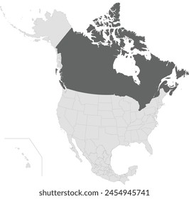 Mapa político en blanco detallado en gris oscuro de CANADÁ con fronteras estatales negras sobre fondo transparente usando proyección ortográfica del continente norteamericano gris claro