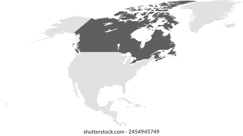 Mapa político en blanco detallado en gris oscuro de CANADÁ sobre fondo transparente usando proyección cilíndrica del continente norteamericano gris claro