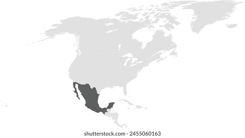 Mapa político en blanco detallado en gris oscuro de MÉXICO sobre fondo transparente usando proyección cilíndrica del continente norteamericano gris claro