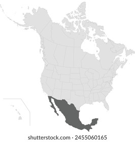 Mapa político en blanco detallado en gris oscuro de MÉXICO con fronteras estatales negras sobre fondo transparente usando proyección ortográfica del gris claro del continente norteamericano