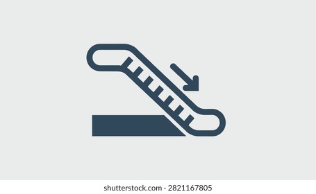 Dark grey escalator down icon with a diagonal arrow pointing downwards, presented in a clean minimalist style on grey.