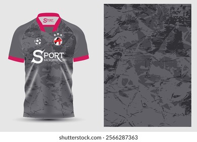 The dark grey football shirt gives a modern and simple feel, enhanced with a pink collar and sleeves, making the shirt stand out and stylish. It has a pattern that looks like a broken surface.