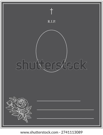 Dark grey funeral empty invitation card. frame with roses and black row. Photo Frame