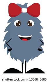 Dark grey furry smiling monster with red hair bow vector illustration on white background.