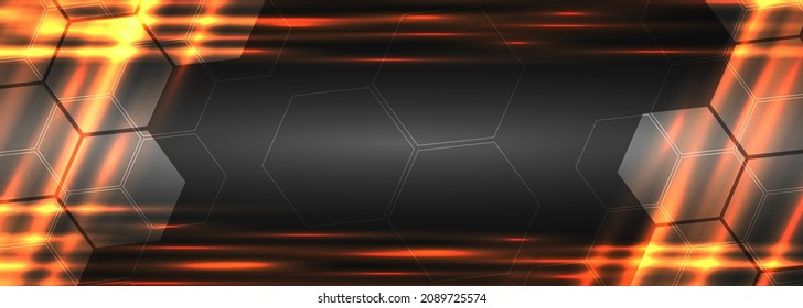 Dark grey futuristic technology hexagonal wide banner. Tech gray hexagon with orange light effect. Vector illustration