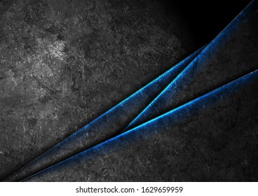 Dark grey grunge concrete texture wall with blue glowing neon light. Abstract technology vector background