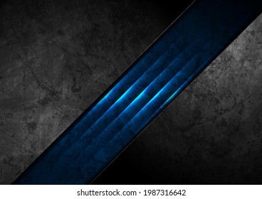 Pared de textura de hormigón gris oscuro con luz de neón brillante azul. Resumen de fondo vectorial de tecnología