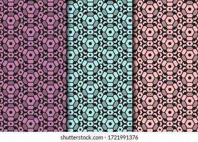 dark grey hexagon and circle pattern design with purple, blue and soft red background
