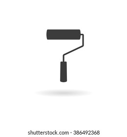 Dark grey icon of paint roller with light shadow, isolated on transparent background