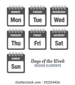 Dark grey icons with titles of days of the week isolated on white background