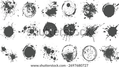 Dark grey ink splatters and circular brush strokes scattered across a white background.