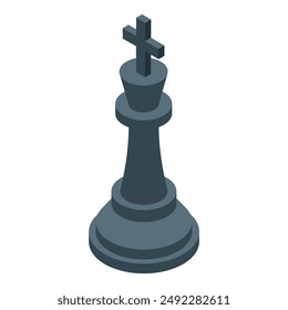 Dark grey king chess piece standing on a white background in 3d isometric view