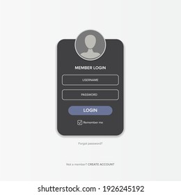 Dark grey Login form web page design template or mock up. Mobile website ui vector elements set.