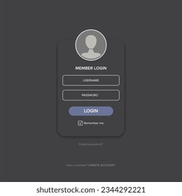 Dark grey Login form web page design template or mock up. Mobile website ui vector elements set.