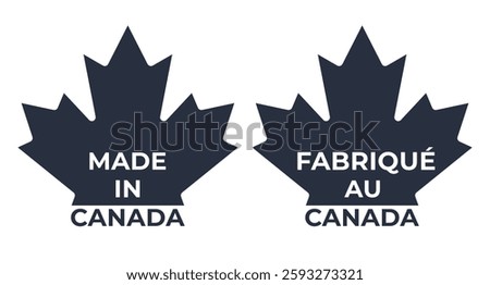 Dark Grey Made In Canada isolated sticker, sign, mark. Canadian Flag Leaf. French and English Language. Vector illustration.