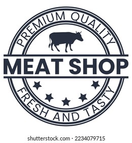 Dark Grey Meat Shop Stamp Logo Template with Cow and Stars vector illustration