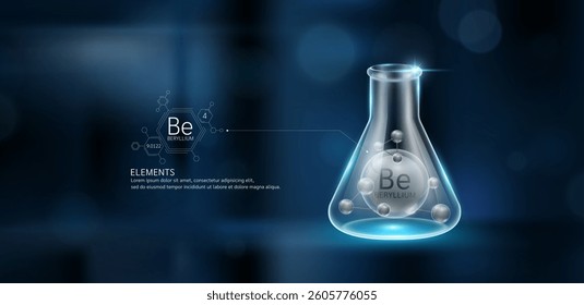 Dark grey model beryllium (Be) molecules in glass beaker triangle test tube on dark blue background. Minerals sample science experiment. Scientific research concept. Vector EPS10.