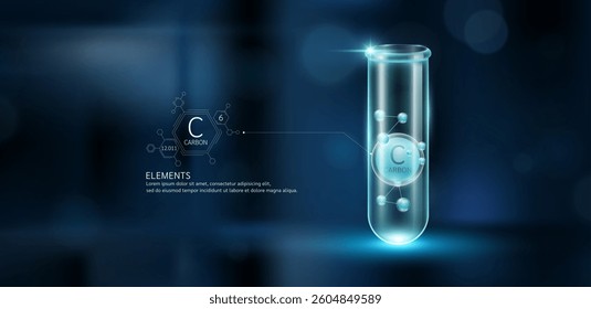Dark grey model carbon molecules in glass beaker test tube on dark blue background. Minerals sample science experiment. Scientific research concept. Vector EPS10.