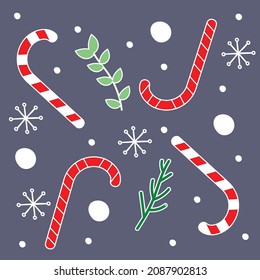 Dark grey pattern with candy canes and snowflakes vector. Vector background for wrapping paper, fabric print, greeting cards design.