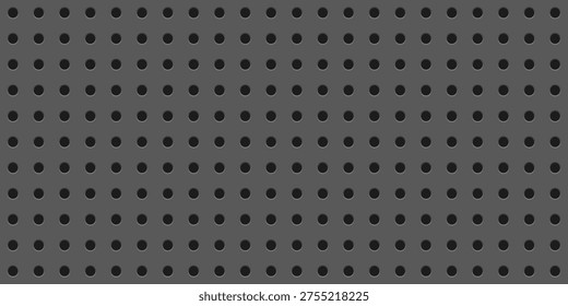 Dark grey perforated metal plate with circular holes. Realistic iron grill with 3d dot holes. Circle mesh backdrop forming a modern industrial pattern. Steel speaker grid. Vector illustration