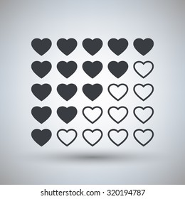  Dark grey rating hearts web buttons (icons) with shadow. Vector illustration